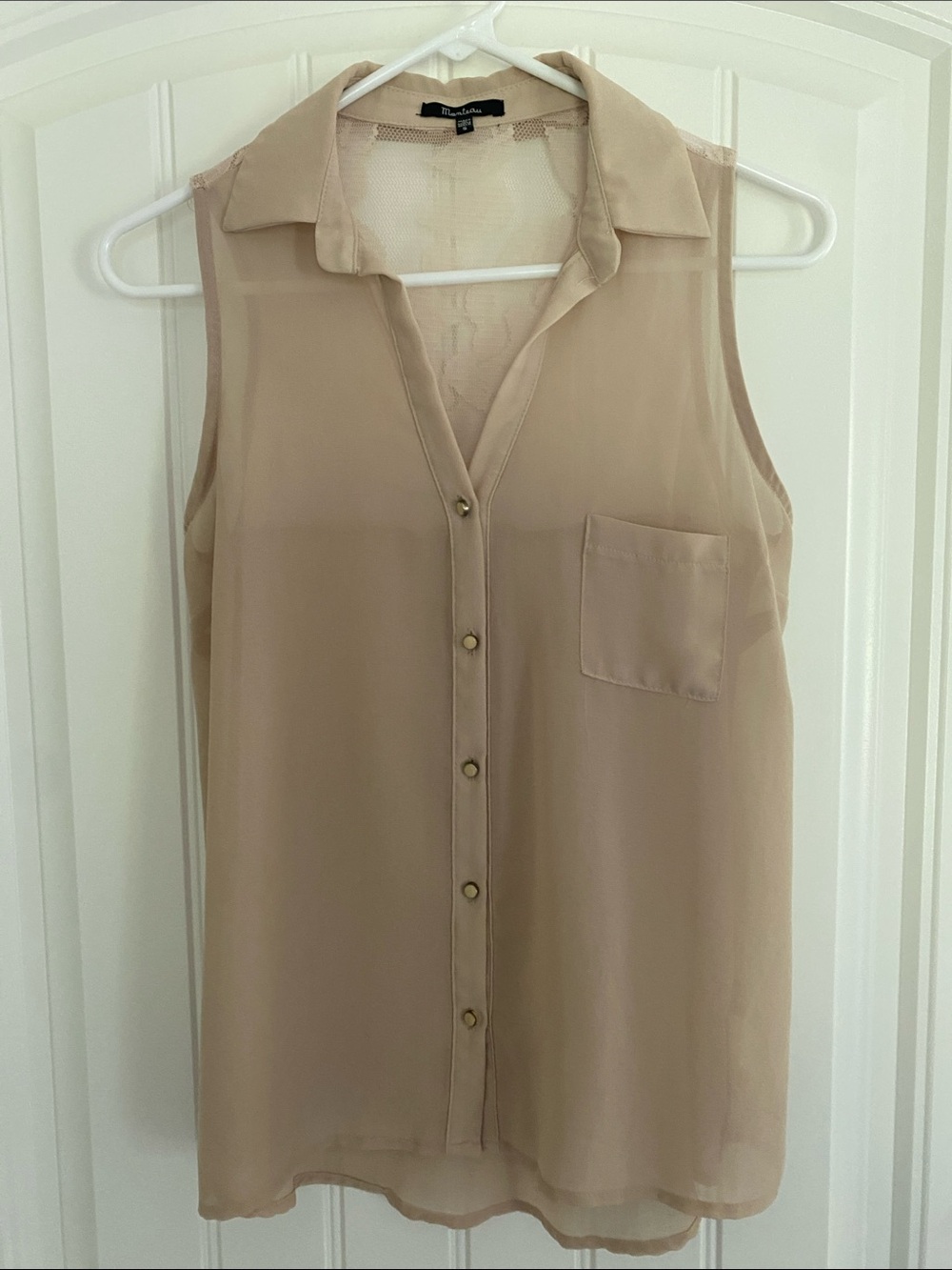 Monteau Sleeveless Sheer Button-Front Blouse in Beige